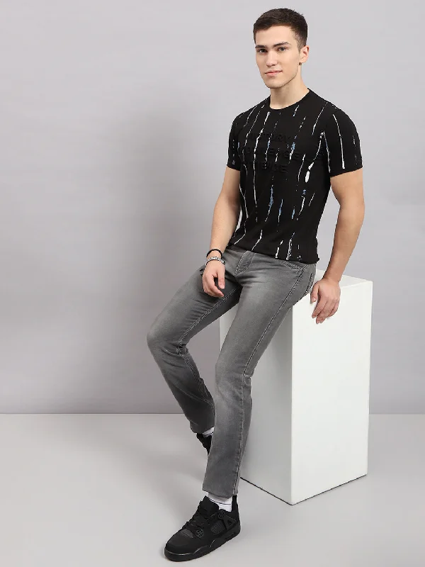 trendy short sleeve t-shirts for casual events -Men Black Printed Round Neck Half Sleeve T-Shirt