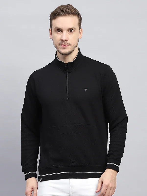 modern short sleeve t-shirts for men -Men Black Self Design Mock Neck Full Sleeve Winter T-Shirt