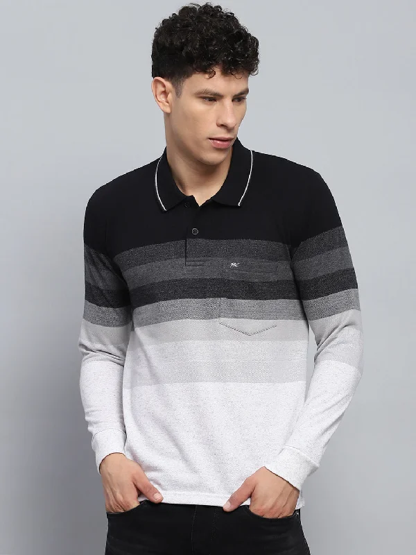 cool and comfortable short sleeve shirts for men -Men Black Stripe Collar Full Sleeve Winter T-Shirt