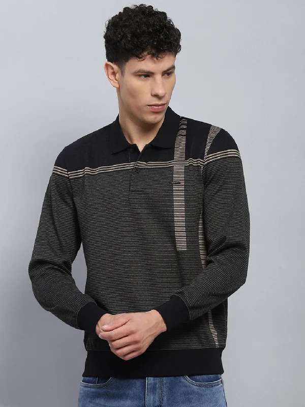 men’s soft fabric short sleeve shirts -Men Black Stripe Collar Full Sleeve Winter T-Shirt