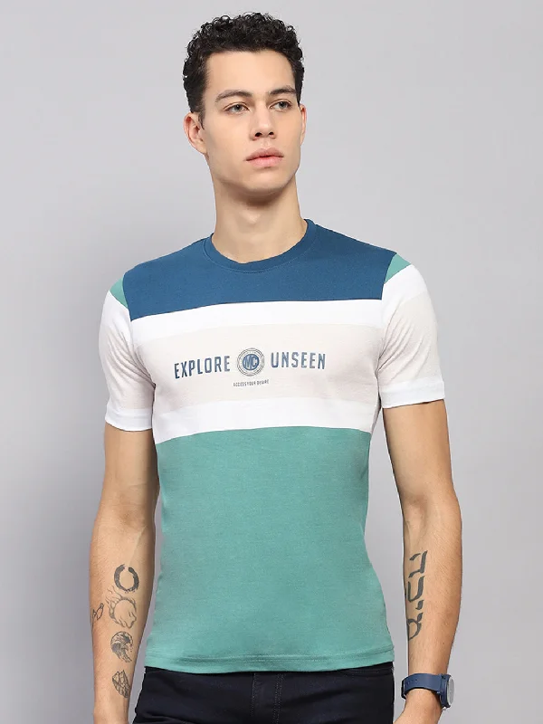 lightweight short sleeve polo shirts for men -Men Blue & Green Stripe Round Neck Half Sleeve T-Shirt