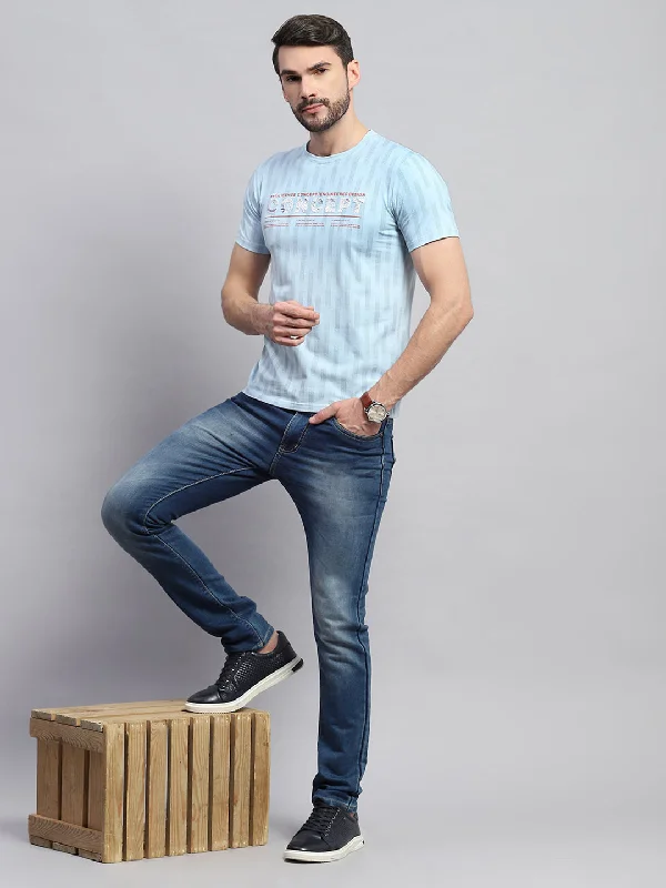 men’s short sleeve shirts with cool designs -Men Blue Printed Round Neck Half Sleeve T-Shirt