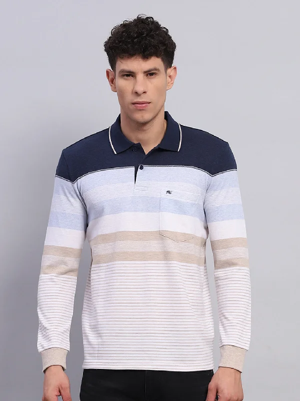 fashionable short sleeve t-shirts for men -Men Blue Stripe Collar Full Sleeve Winter T-Shirt