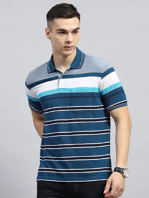 relaxed fit short sleeve shirts for men -Men Blue Stripe Collar Half Sleeve T-Shirt