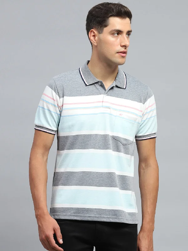 short sleeve t-shirts with prints for men -Men Blue Stripe Collar Half Sleeve T-Shirt