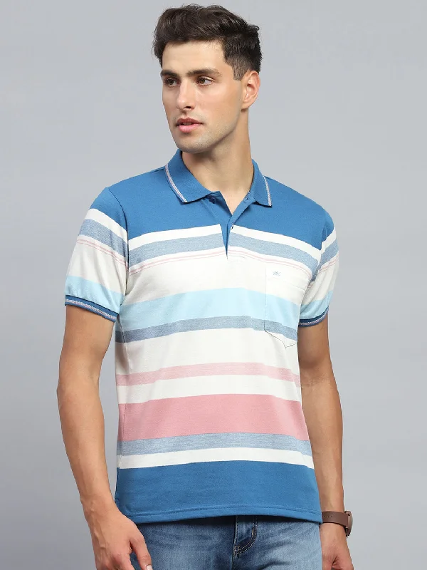 slim fit men’s short sleeve shirts -Men Blue Stripe Collar Half Sleeve T-Shirt