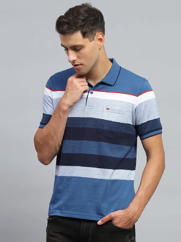 stylish summer short sleeve shirts for men -Men Blue Stripe Collar Half Sleeve T-Shirt