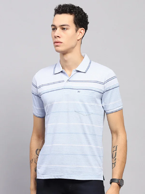 versatile short sleeve shirts for all occasions -Men Blue Stripe Collar Half Sleeve T-Shirt