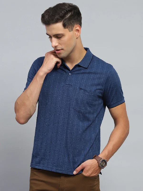 cool graphic short sleeve shirts for men -Men Blue Stripe Collar Half Sleeve T-Shirt