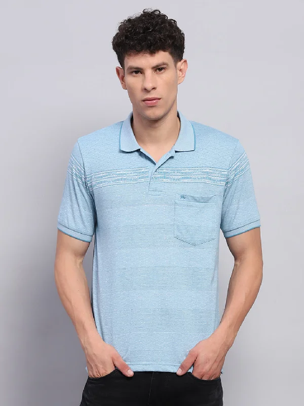 men’s stylish short sleeve shirts for casual outings -Men Blue Stripe Collar Half Sleeve T-Shirt