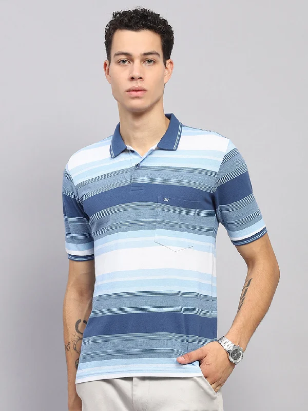 stylish short sleeve shirts for work -Men Blue Stripe Collar Half Sleeve T-Shirt