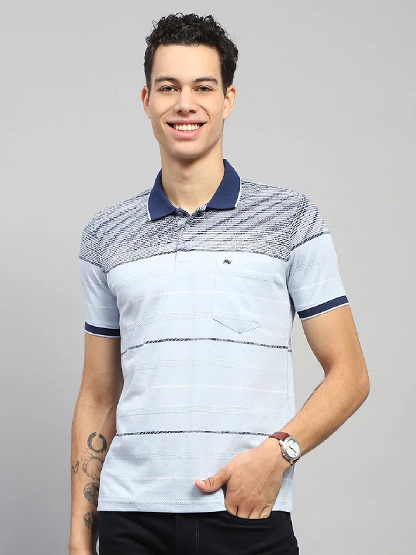 men’s luxury short sleeve shirts for summer -Men Blue Stripe Collar Half Sleeve T-Shirt