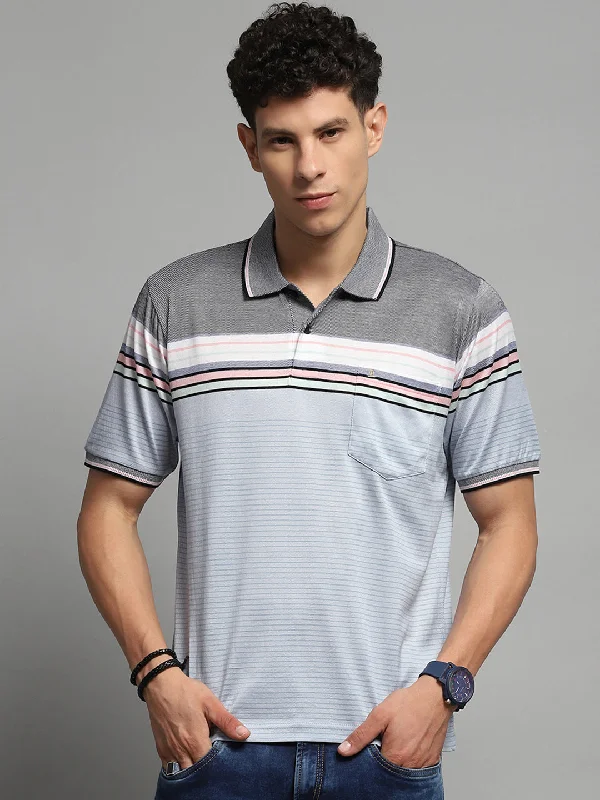 affordable graphic short sleeve shirts for men -Men Blue Stripe Collar Half Sleeve T-Shirt