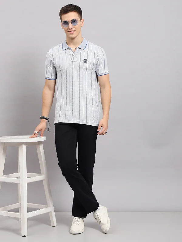 men’s printed short sleeve shirts for outdoor wear -Men Blue Stripe Collar Half Sleeve T-Shirt