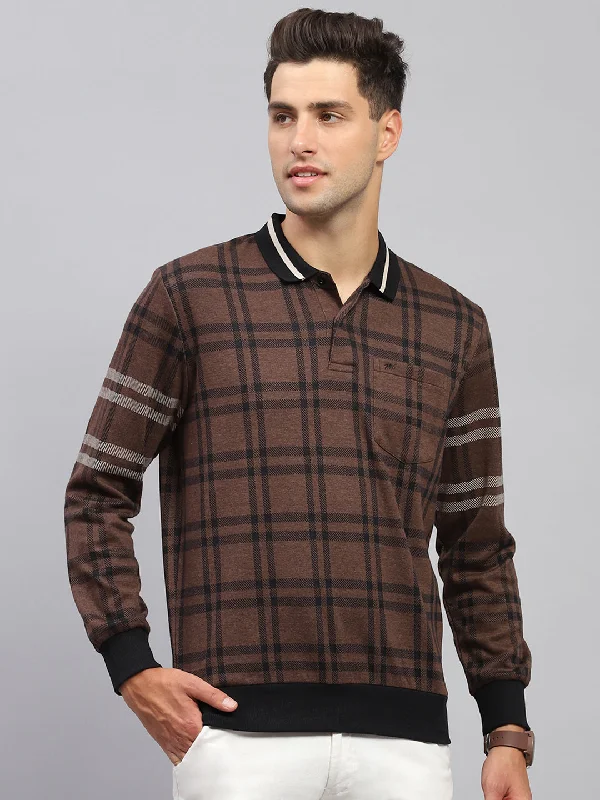 trendy casual short sleeve polo shirts -Men Brown Check Collar Full Sleeve Winter T-Shirt