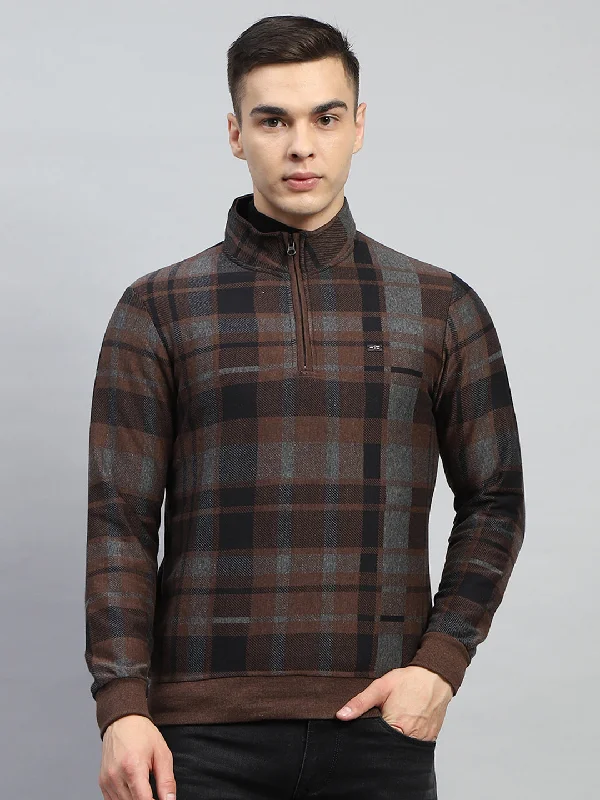 men’s classic short sleeve t-shirts -Men Brown Check Mock Neck Full Sleeve Winter T-Shirt