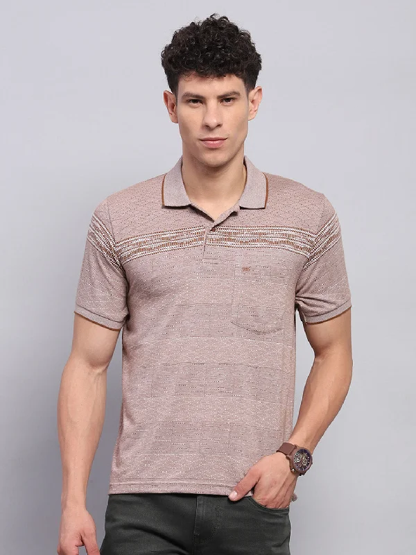 summer-ready short sleeve polo shirts for men -Men Brown Stripe Collar Half Sleeve T-Shirt