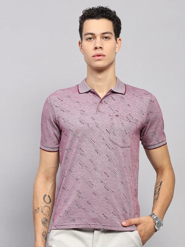 men’s short sleeve shirts for hiking -Men Burgundy Printed Collar Half Sleeve T-Shirt