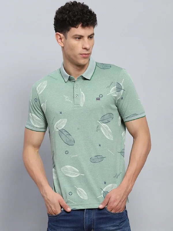 trendy casual short sleeve polo shirts -Men Green Printed Collar Half Sleeve T-Shirt