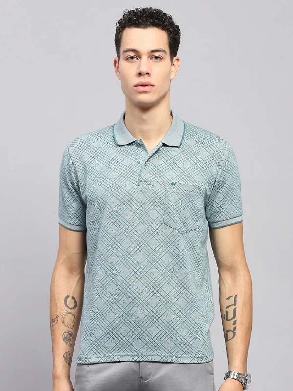 men’s short sleeve shirts with trendy designs -Men Green Self Design Collar Half Sleeve T-Shirt