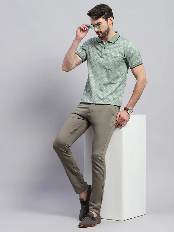 men’s stylish casual short sleeve shirts -Men Green Self Design Collar Half Sleeve T-Shirt