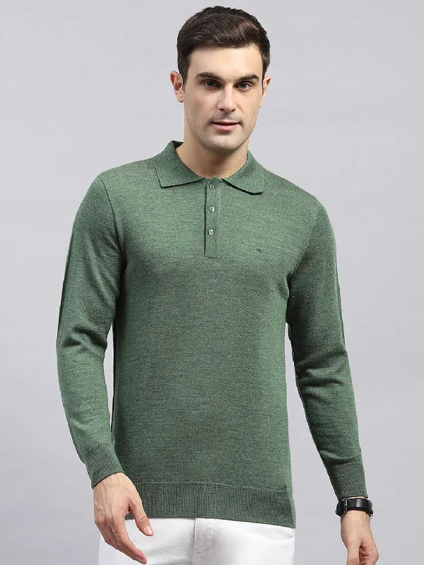 fashionable short sleeve shirts for summer -Men Green Solid Collar Full Sleeve Winter T-Shirt