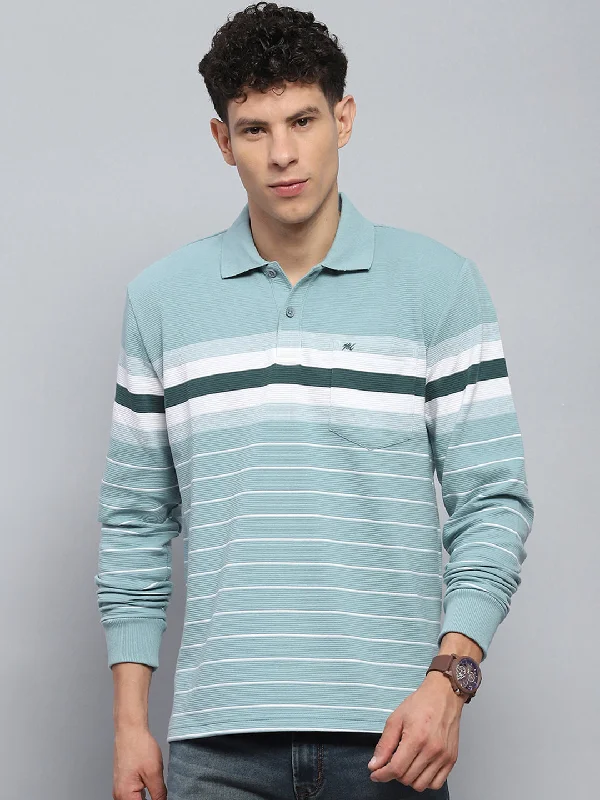 best-selling short sleeve shirts for men -Men Green Stripe Collar Full Sleeve Winter T-Shirt