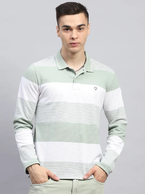 men’s plain short sleeve shirts -Men Green Stripe Collar Full Sleeve Winter T-Shirt