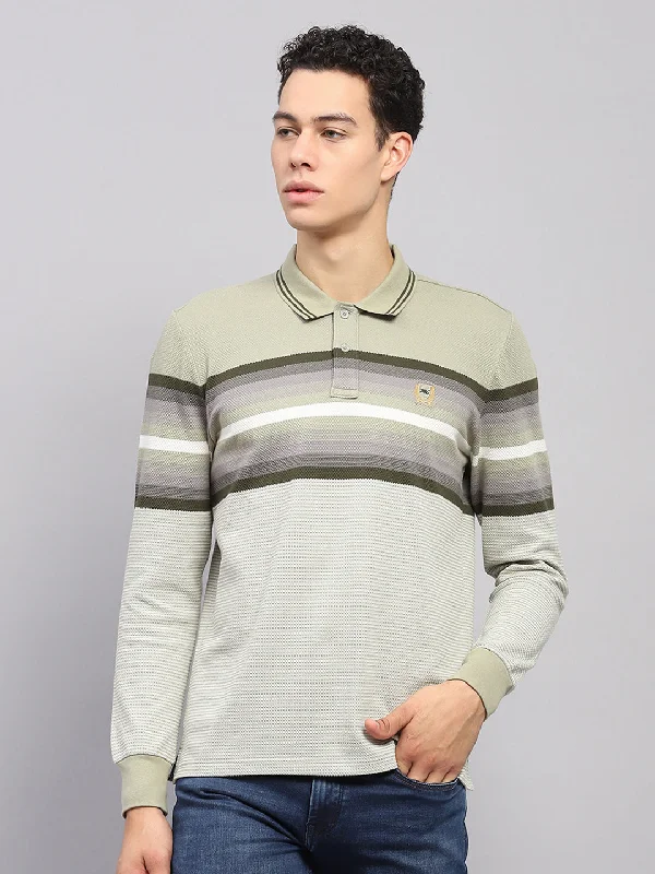 fashionable short sleeve shirts for summer -Men Green Stripe Collar Full Sleeve Winter T-Shirt