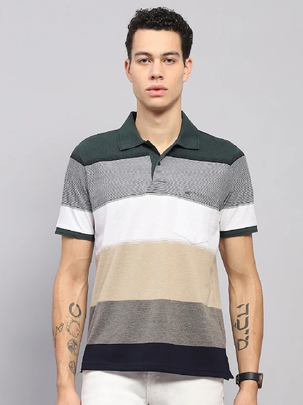 best short sleeve shirts for active men -Men Green Stripe Collar Half Sleeve T-Shirt