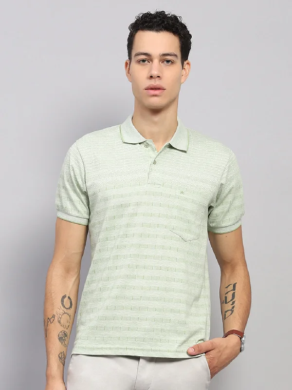 men’s classic short sleeve shirts for office -Men Green Stripe Collar Half Sleeve T-Shirt