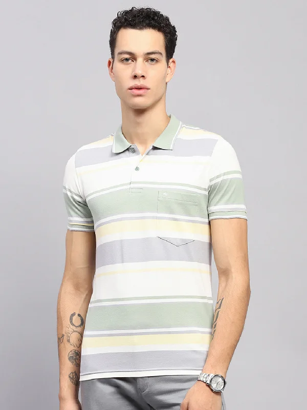 trendy short sleeve shirts for men with graphics -Men Green Stripe Collar Half Sleeve T-Shirt