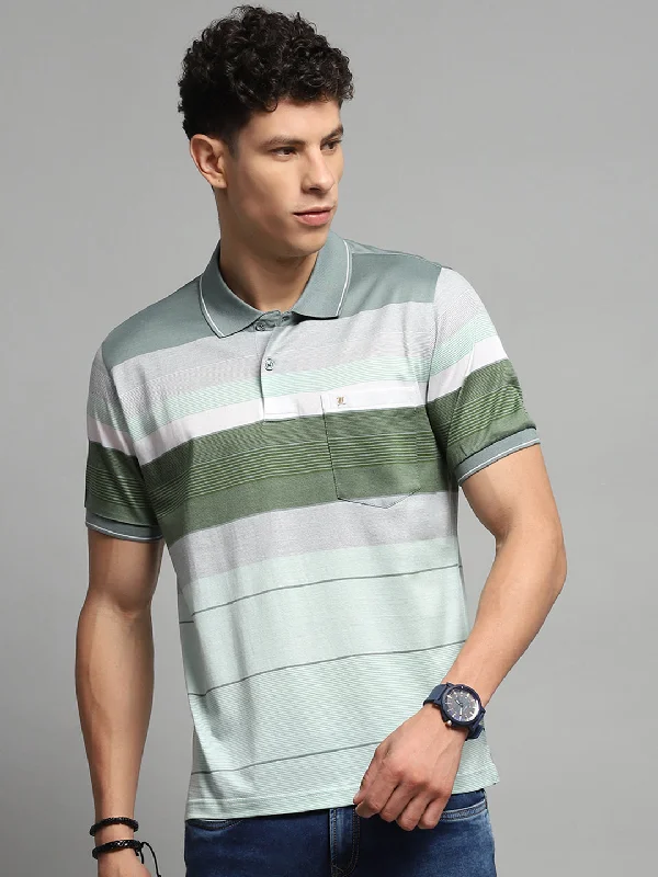 modern fit short sleeve shirts for men -Men Green Stripe Collar Half Sleeve T-Shirt