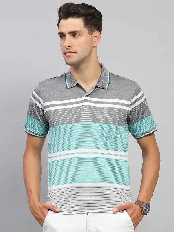 fashionable short sleeve t-shirts for men -Men Grey & Green Stripe Collar Half Sleeve T-Shirt