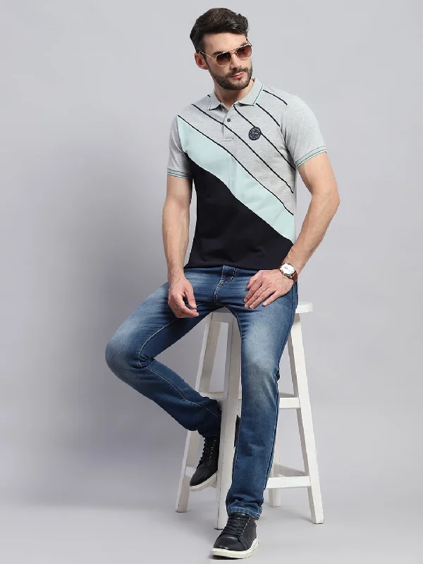 premium short sleeve shirts for men -Men Grey Self Design Collar Half Sleeve T-Shirt