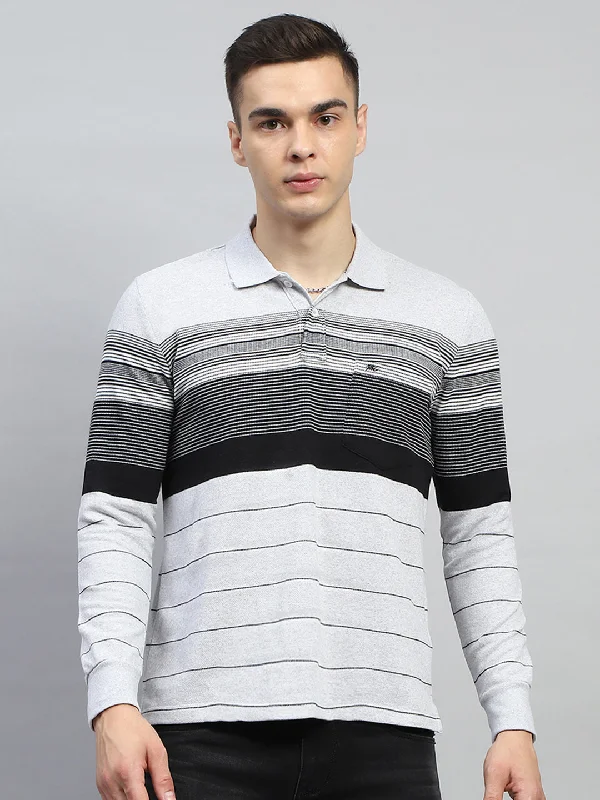 trendy men’s graphic short sleeve shirts -Men Grey Stripe Collar Full Sleeve Winter T-Shirt