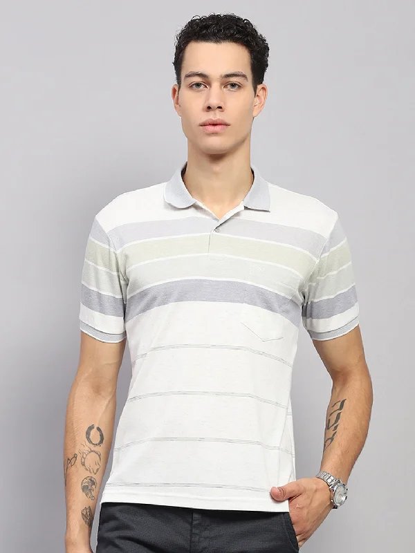 men’s breathable short sleeve shirts -Men Grey Stripe Collar Half Sleeve T-Shirt