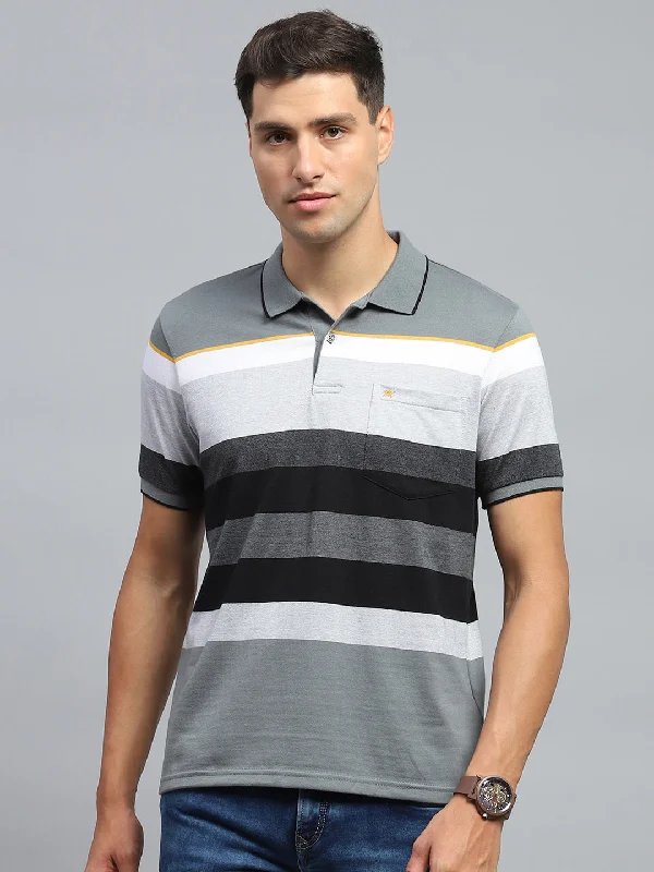 trendy short sleeve shirts for casual wear -Men Grey Stripe Collar Half Sleeve T-Shirt