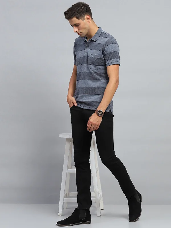 men’s plain short sleeve shirts -Men Grey Stripe Collar Half Sleeve T-Shirt