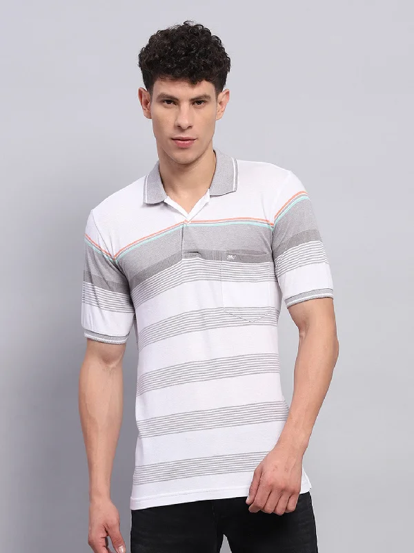 men’s slim-fit short sleeve shirts for office wear -Men Grey Stripe Collar Half Sleeve T-Shirt