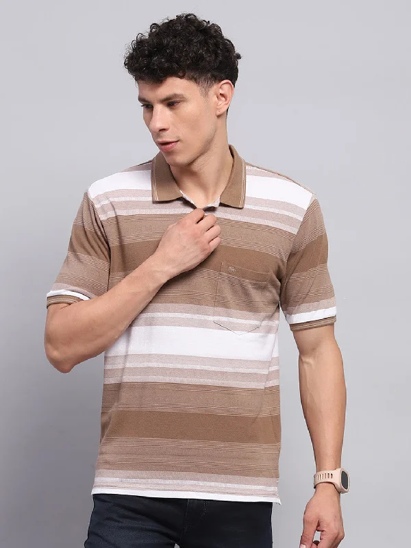 men’s summer-ready short sleeve t-shirts -Men Khaki Stripe Collar Half Sleeve T-Shirt