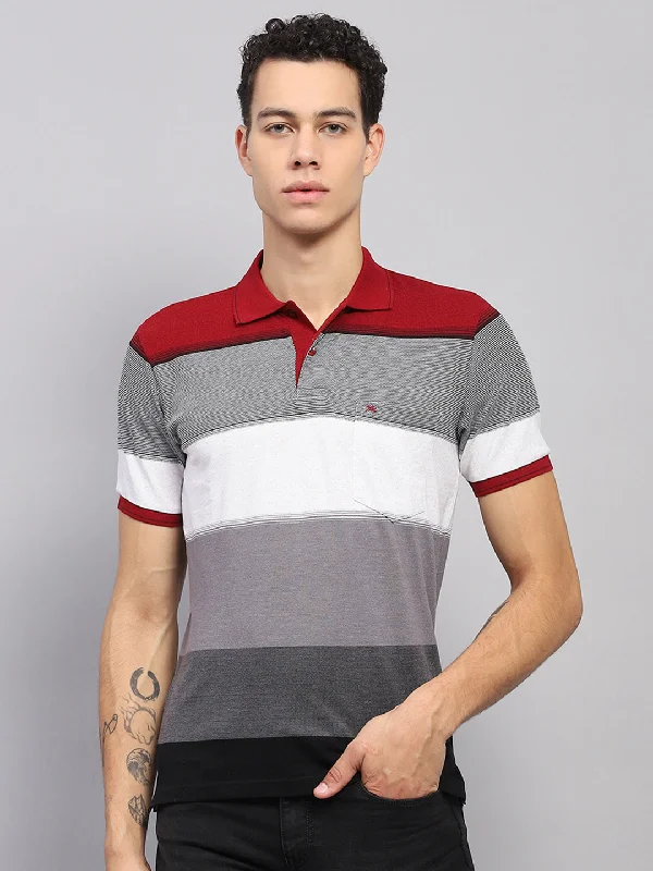 men’s breathable short sleeve polo t-shirts -Men Maroon & Grey Stripe Collar Half Sleeve T-Shirt