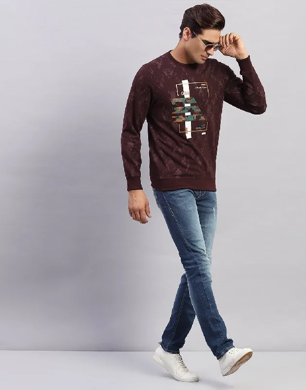 men’s printed short sleeve shirts for casual wear -Men Maroon Printed Round Neck Full Sleeve Winter T-Shirt