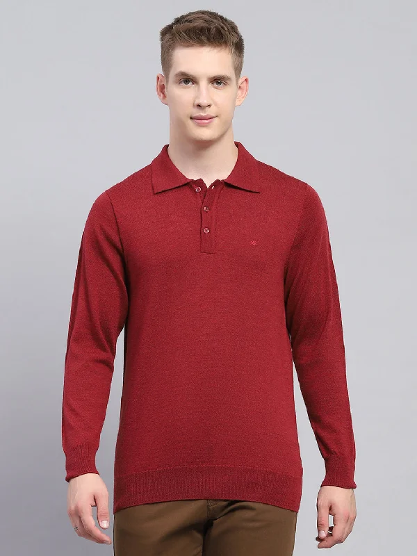 casual yet stylish short sleeve t-shirts for men -Men Maroon Solid Collar Full Sleeve Winter T-Shirt