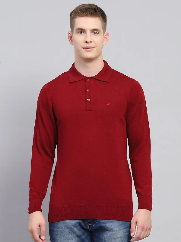 best casual short sleeve shirts for men’s wardrobe -Men Maroon Solid Collar Full Sleeve Winter T-Shirt