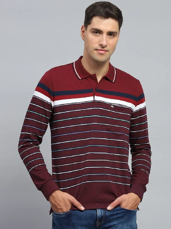 relaxed short sleeve shirts for hot weather -Men Maroon Stripe Collar Full Sleeve Winter T-Shirt