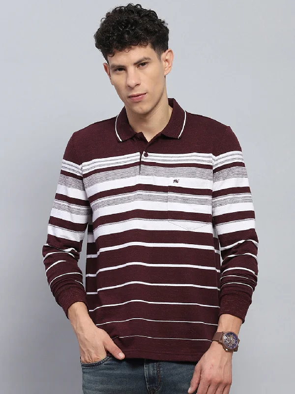 stylish slim fit short sleeve t-shirts -Men Maroon Stripe Collar Full Sleeve Winter T-Shirt