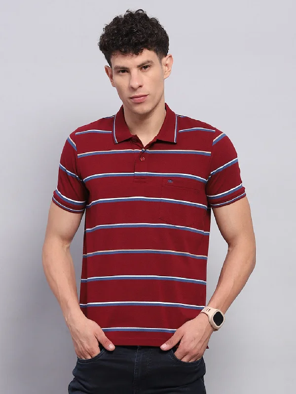 high-quality cotton short sleeve t-shirts for men -Men Maroon Stripe Collar Half Sleeve T-Shirt