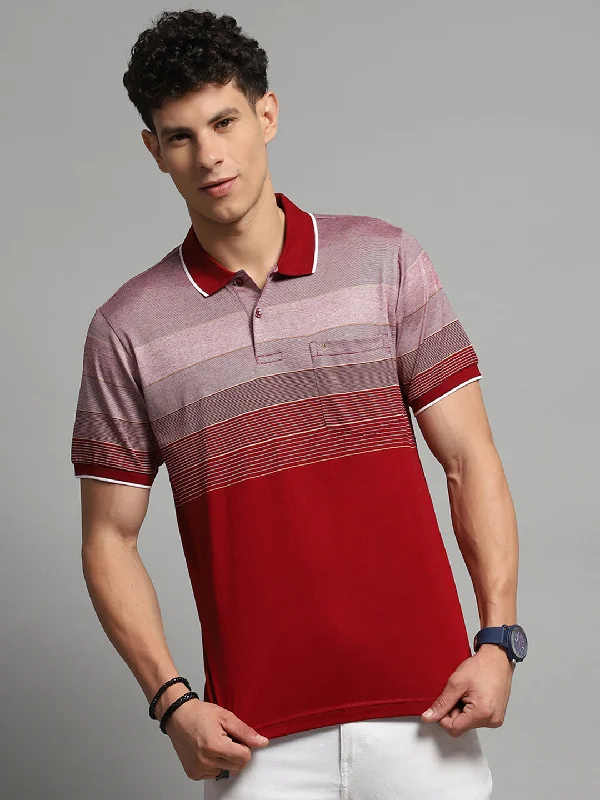 modern short sleeve shirts for men’s fashion -Men Maroon Stripe Collar Half Sleeve T-Shirt