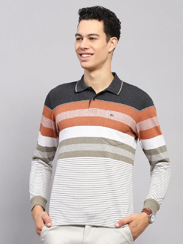 classic short sleeve polo shirts for men -Men Multicolor Stripe Collar Full Sleeve Winter T-Shirt